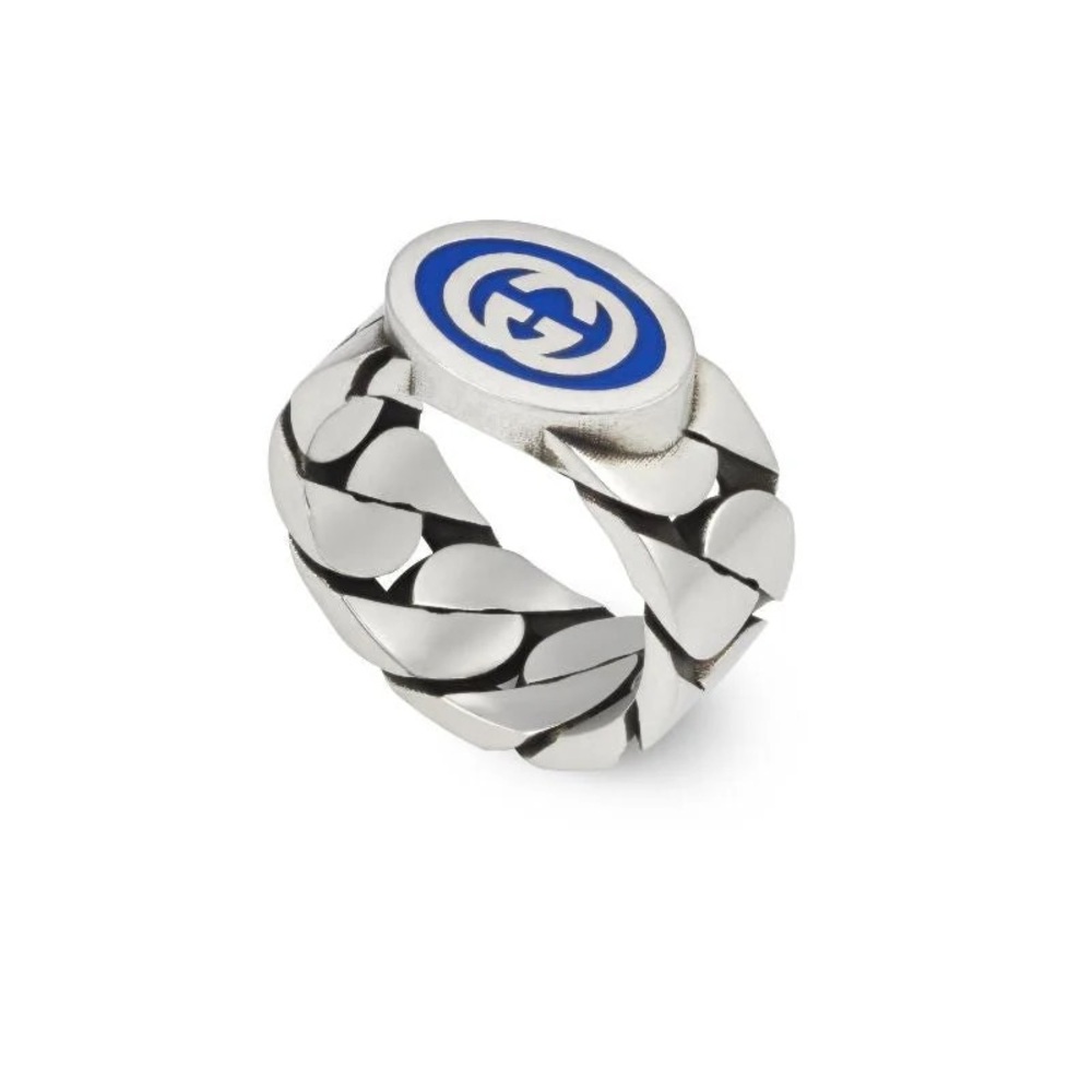 Gucci .925 Silver Thick Chain Ring Blue